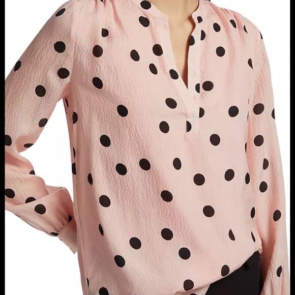 Elie Tahari 100% Silk Polkadot Pink Pastel Black Flowy Long Sleeve Blouse DD13 - Picture 1 of 13